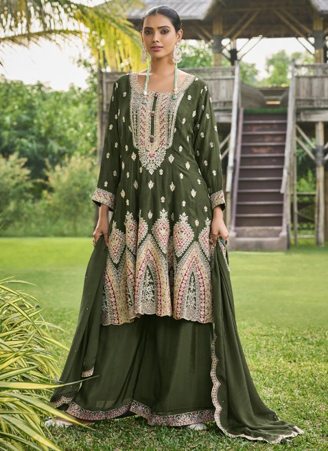 Pure Chinnon Green Eid Wear Embroidery Work Readymade Sharara Suit